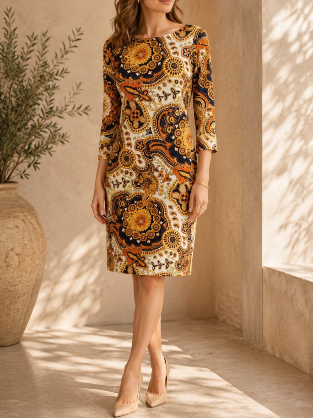 Jude Connally Medallion Sheath Dress XS 3/4 Sleeve Jude Cloth